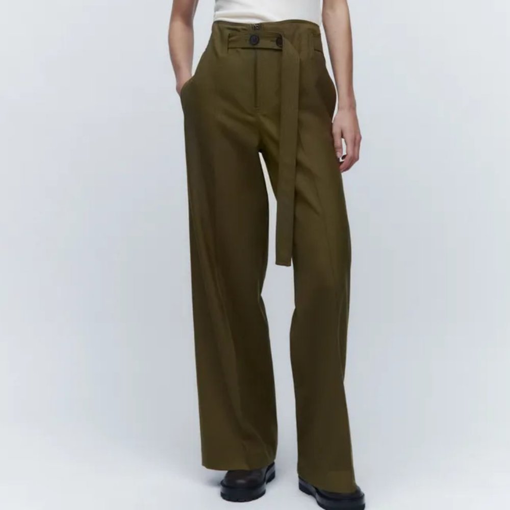 Zara Hunter Green Trouser Pants Wool Blend Belted High Rise Size Small Wide Leg